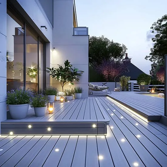 Bahçe koltuklarıyla döşenmiş modern kompozit deck teras