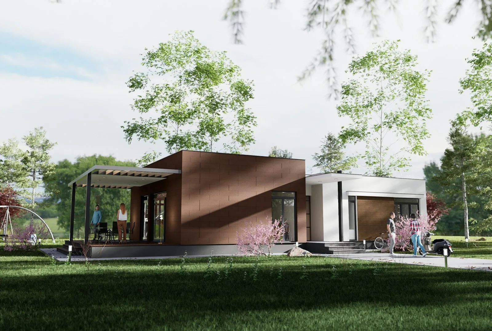 Modern prefabrik evin bahçeden görünümü
